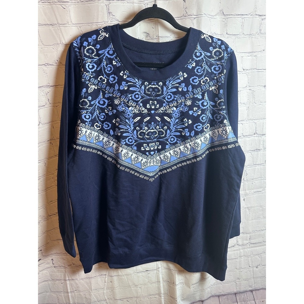 Woman Within Navy Blue Floral Geometric Print Sweatshirt Plus Size L 18/20